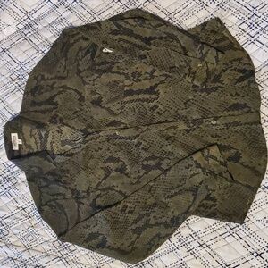 Olive Green Snake Print Pattern Collared Long Sleeve Button Portofino Blouse